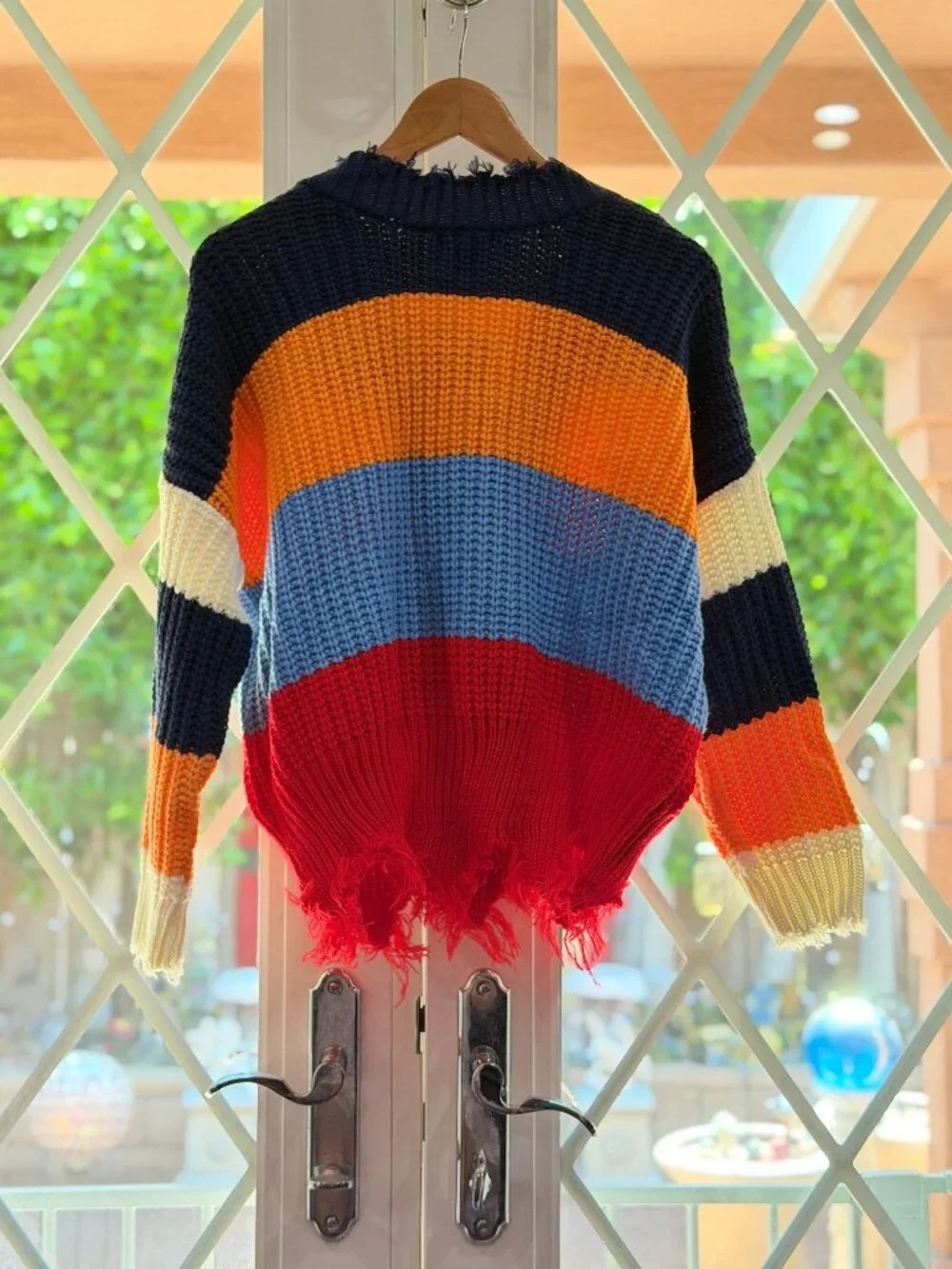 🧡💙 Main Strip Color Block Distressed Sweater | Size M | Boho Chunky Knit | NWT